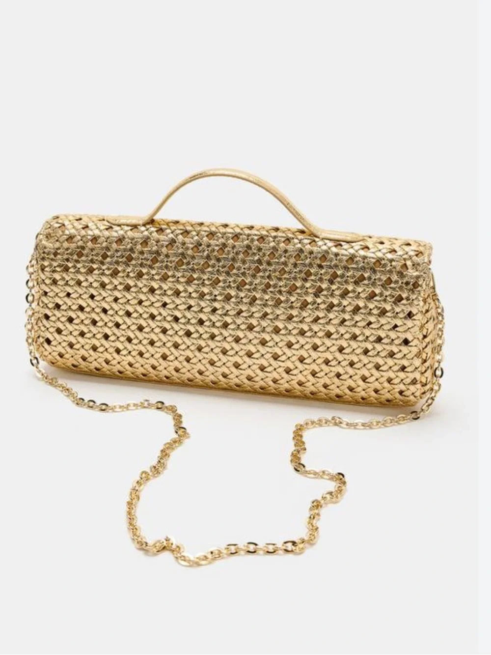 New Zara Gold Woven Envelope Bag with Gold Chain Crossbody Strap and Top Handle